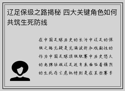 辽足保级之路揭秘 四大关键角色如何共筑生死防线