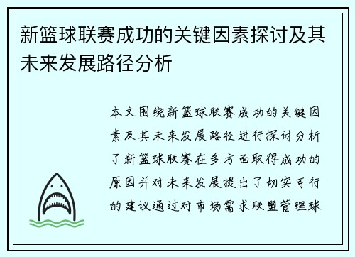 新篮球联赛成功的关键因素探讨及其未来发展路径分析