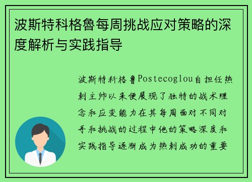 波斯特科格魯每周挑战应对策略的深度解析与实践指导